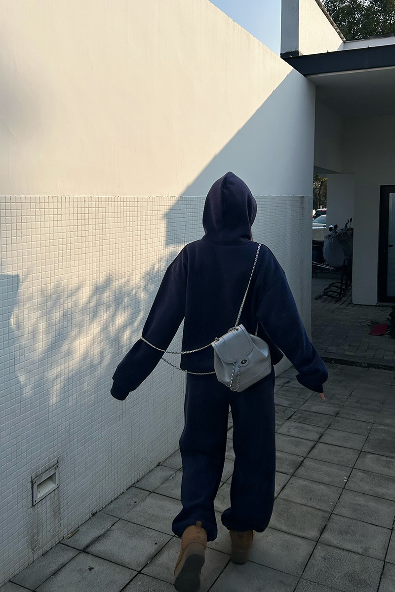 Thin navy-blue hoodie hooded long pants 2pcs set for women