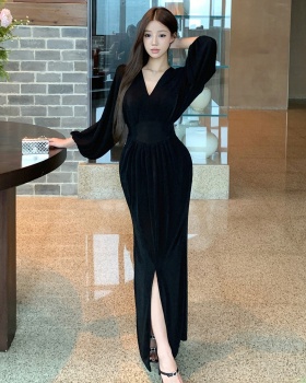 Split gauze high elastic V-neck spring dress