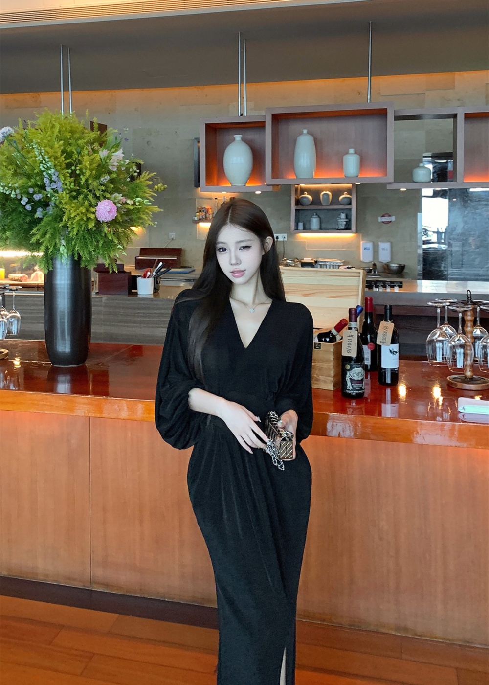 Split gauze high elastic V-neck spring dress