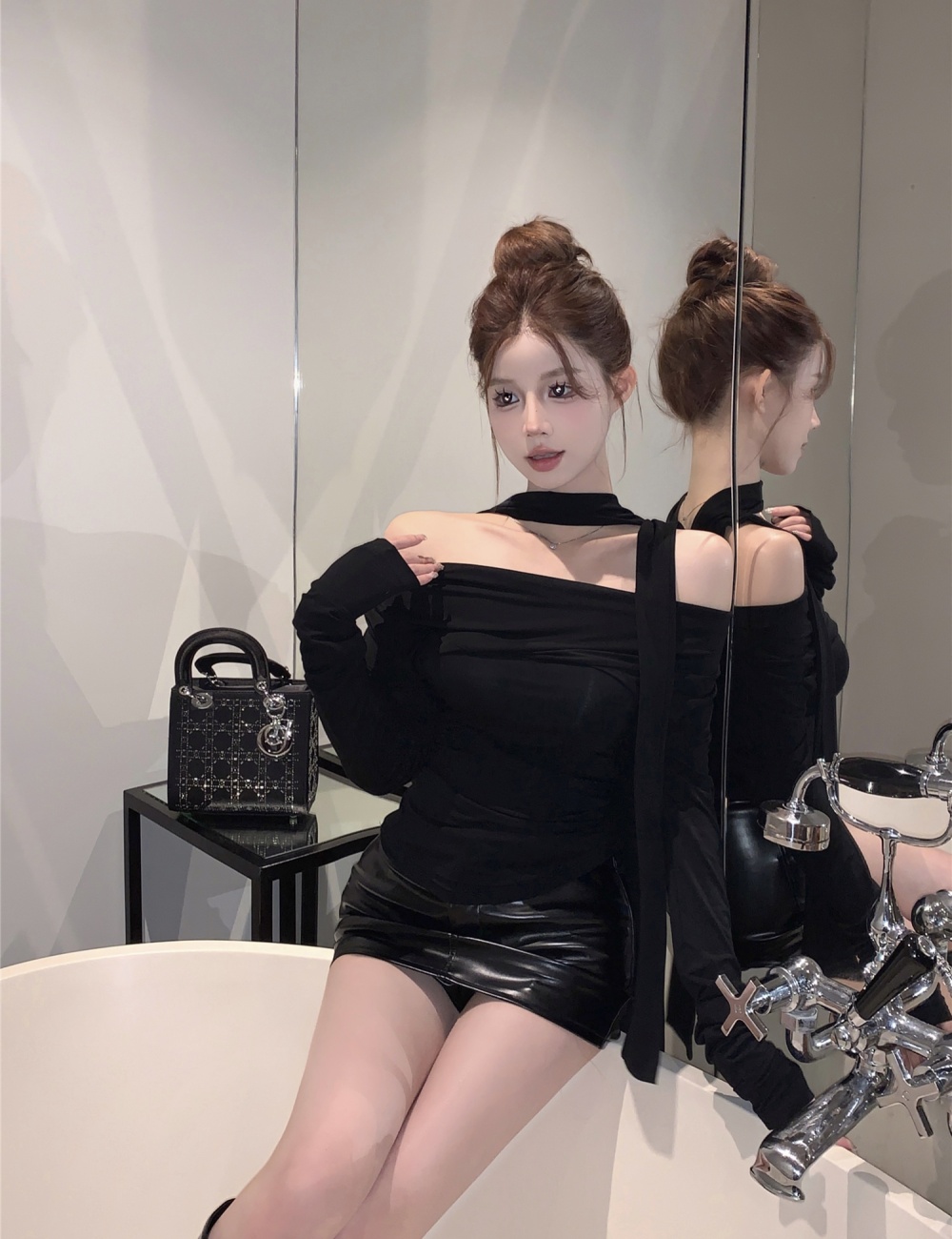 Spring niche long sleeve streamer black T-shirt