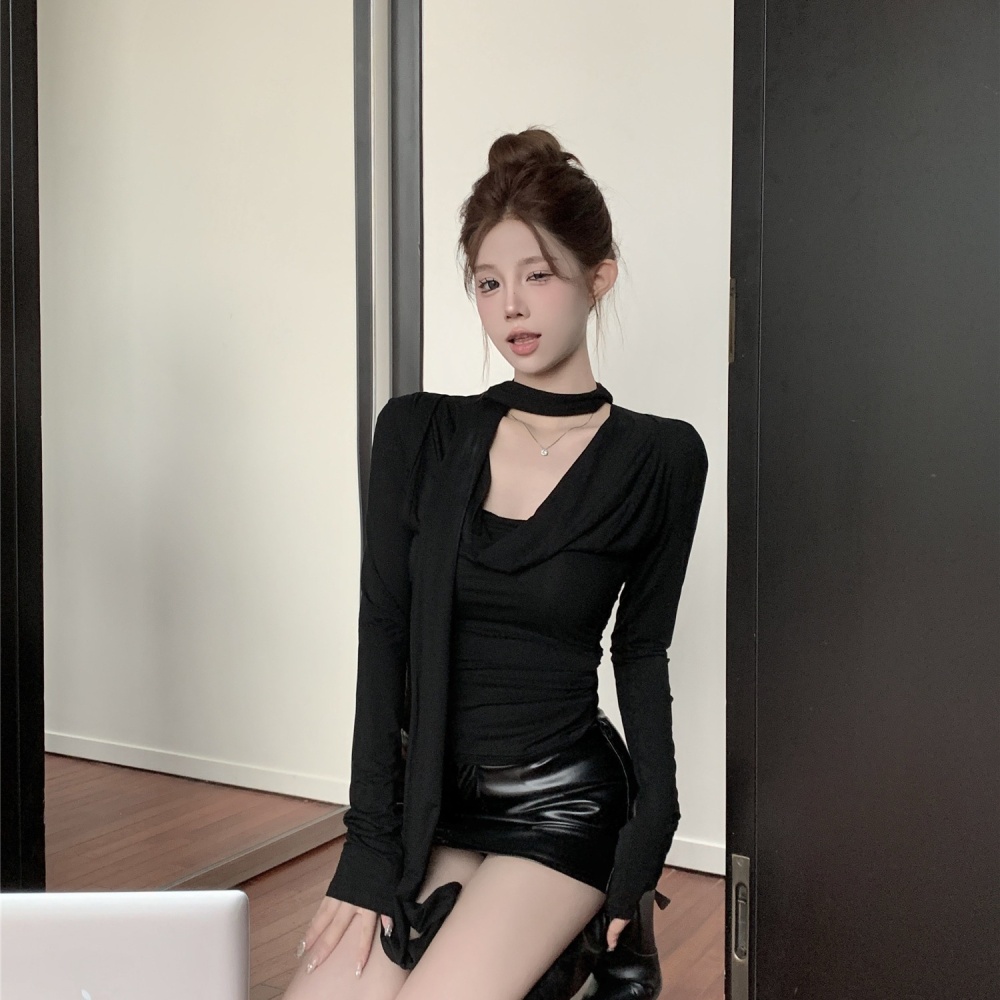 Spring niche long sleeve streamer black T-shirt