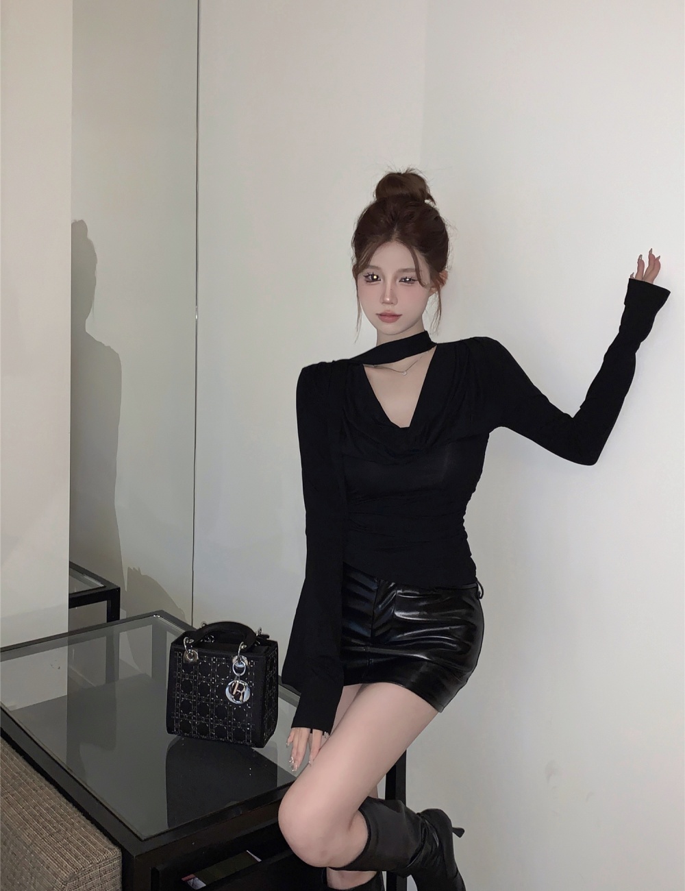 Spring niche long sleeve streamer black T-shirt