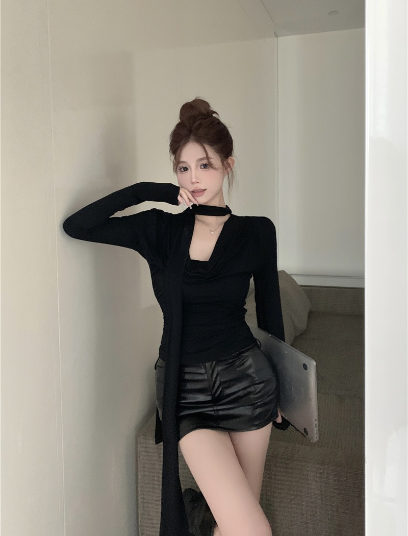 Spring niche long sleeve streamer black T-shirt