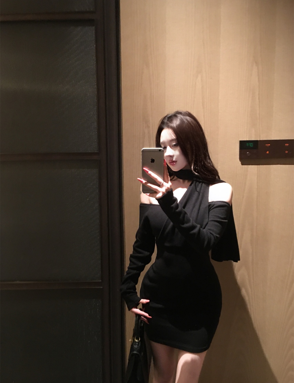 Pinched waist slim halter France style long sleeve dress