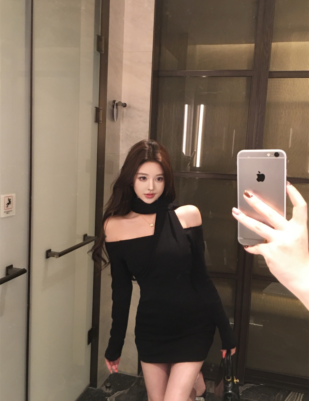 Pinched waist slim halter France style long sleeve dress