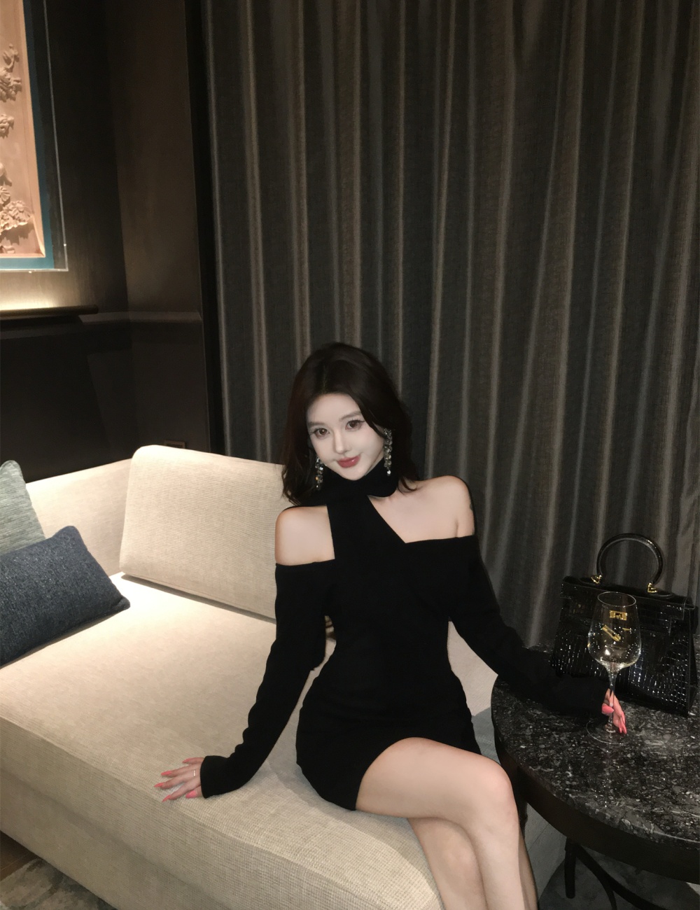 Pinched waist slim halter France style long sleeve dress