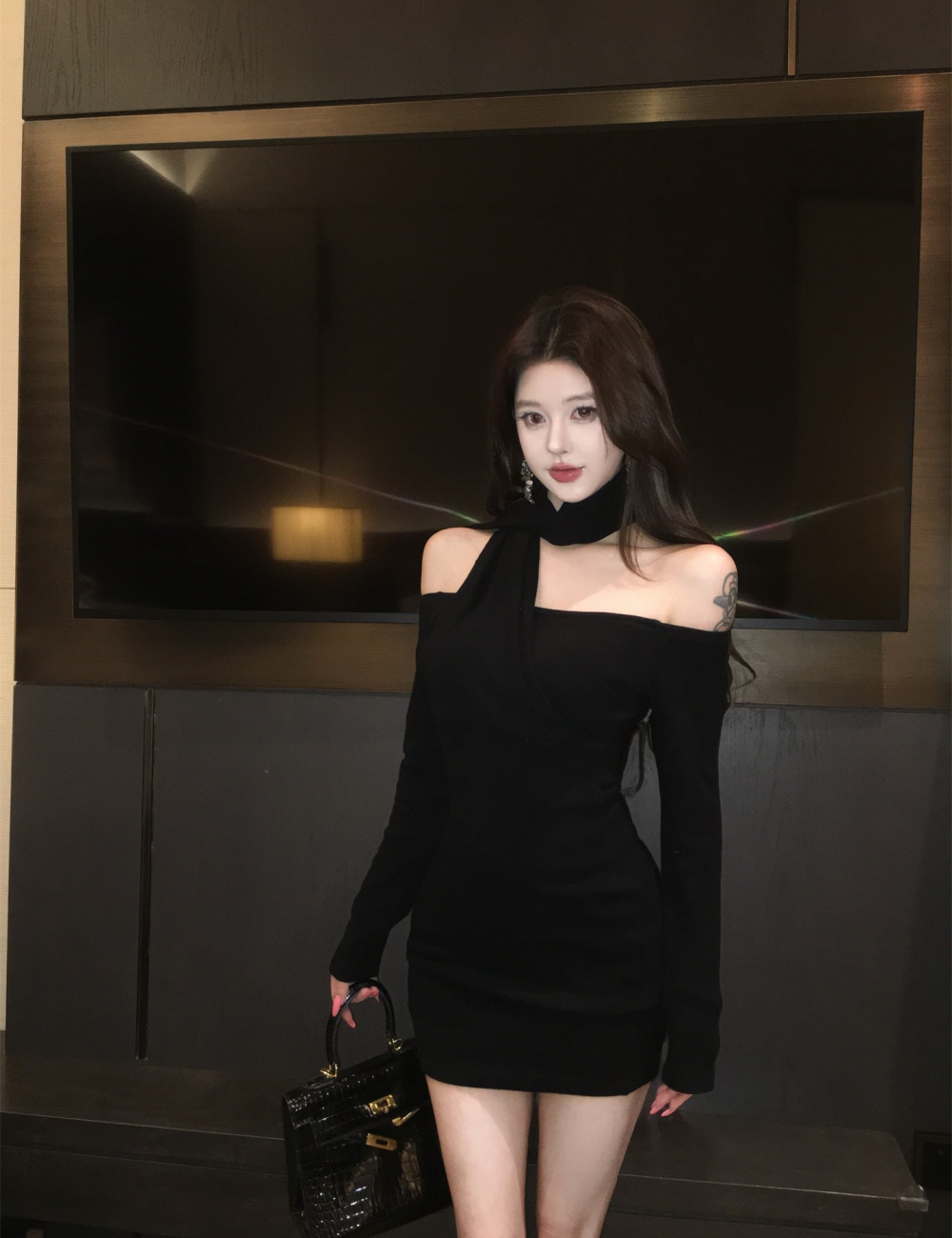 Pinched waist slim halter France style long sleeve dress