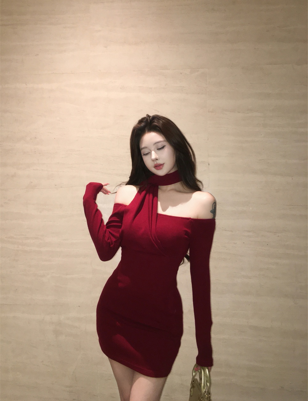 Pinched waist slim halter France style long sleeve dress