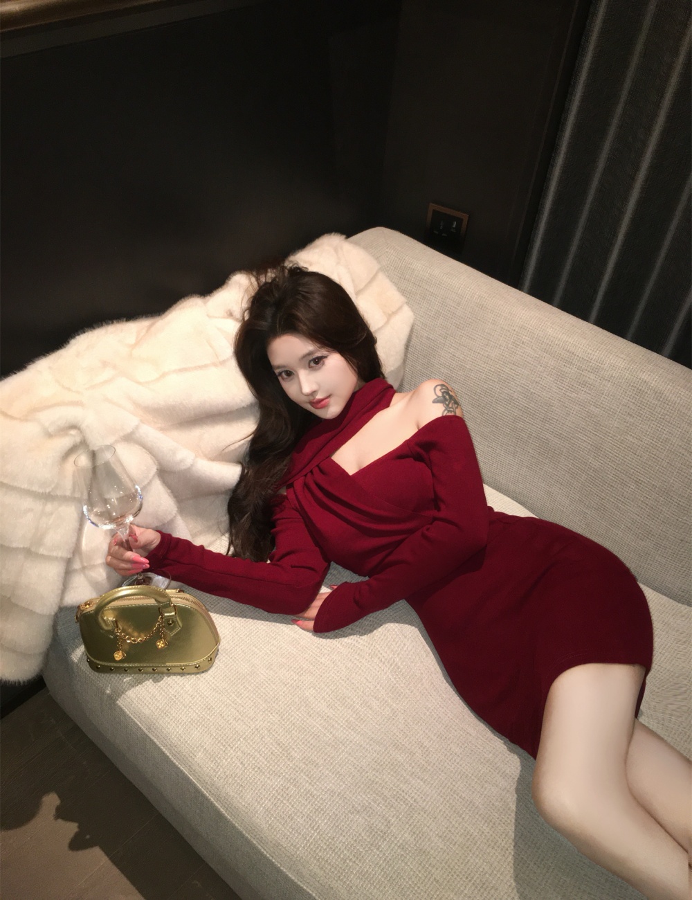 Pinched waist slim halter France style long sleeve dress