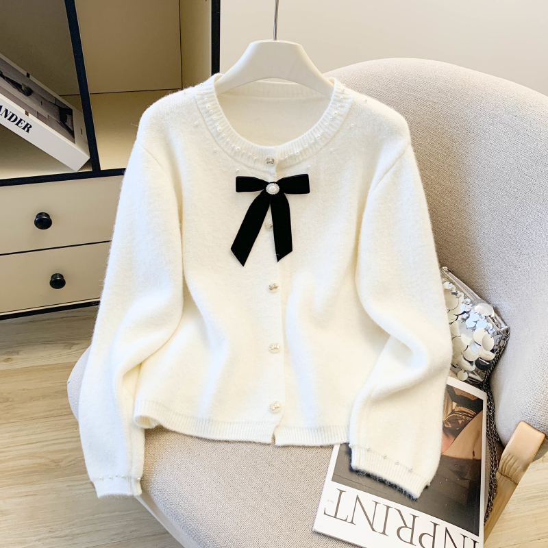 Spring bow knitted coat chanelstyle beading sweater