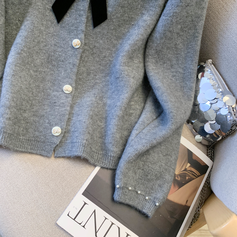 Spring bow knitted coat chanelstyle beading sweater