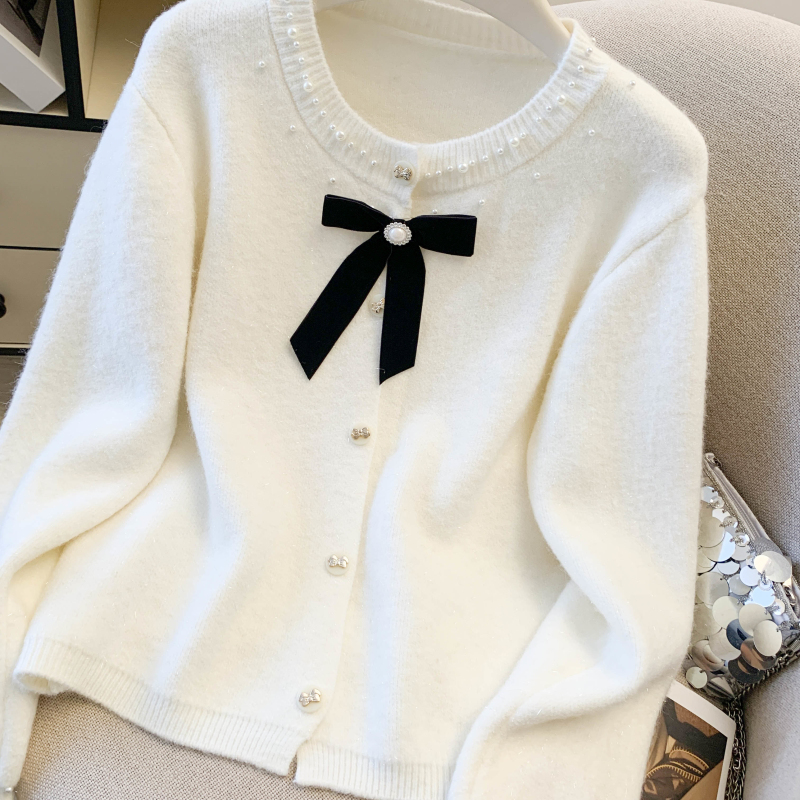 Spring bow knitted coat chanelstyle beading sweater