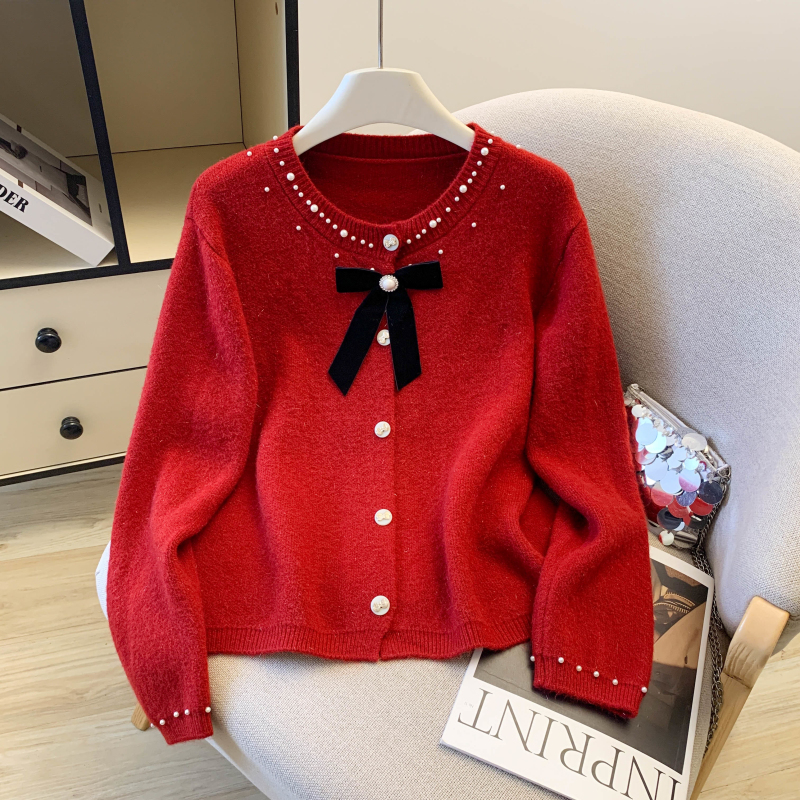 Spring bow knitted coat chanelstyle beading sweater