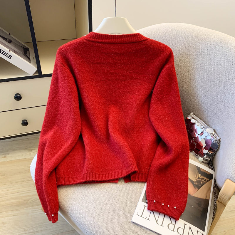 Spring bow knitted coat chanelstyle beading sweater