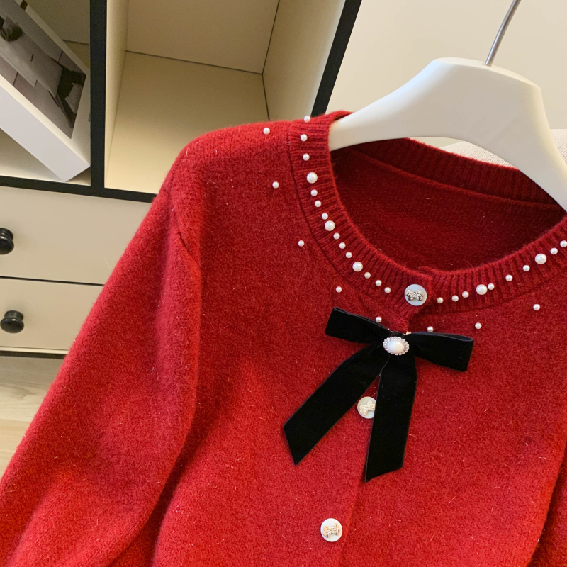 Spring bow knitted coat chanelstyle beading sweater