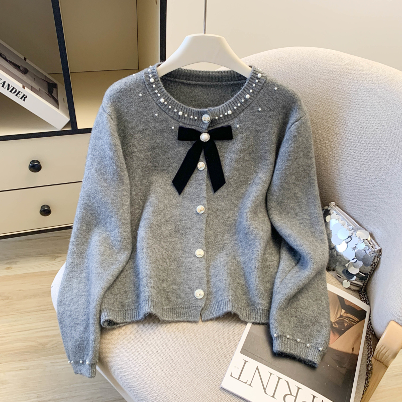 Spring bow knitted coat chanelstyle beading sweater