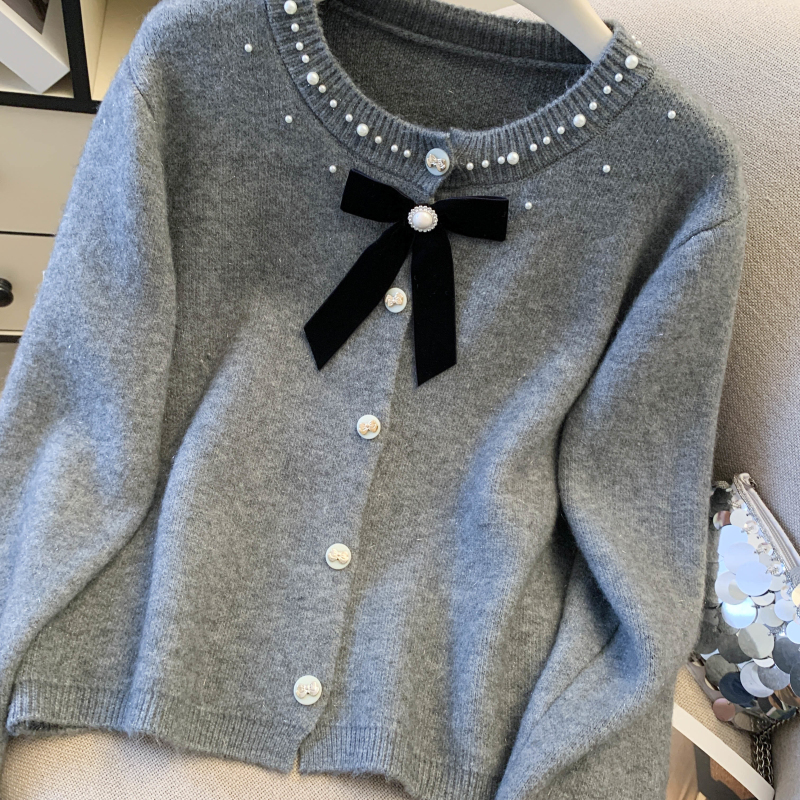 Spring bow knitted coat chanelstyle beading sweater