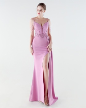 Bandage lace pinched waist rhinestone evening dress
