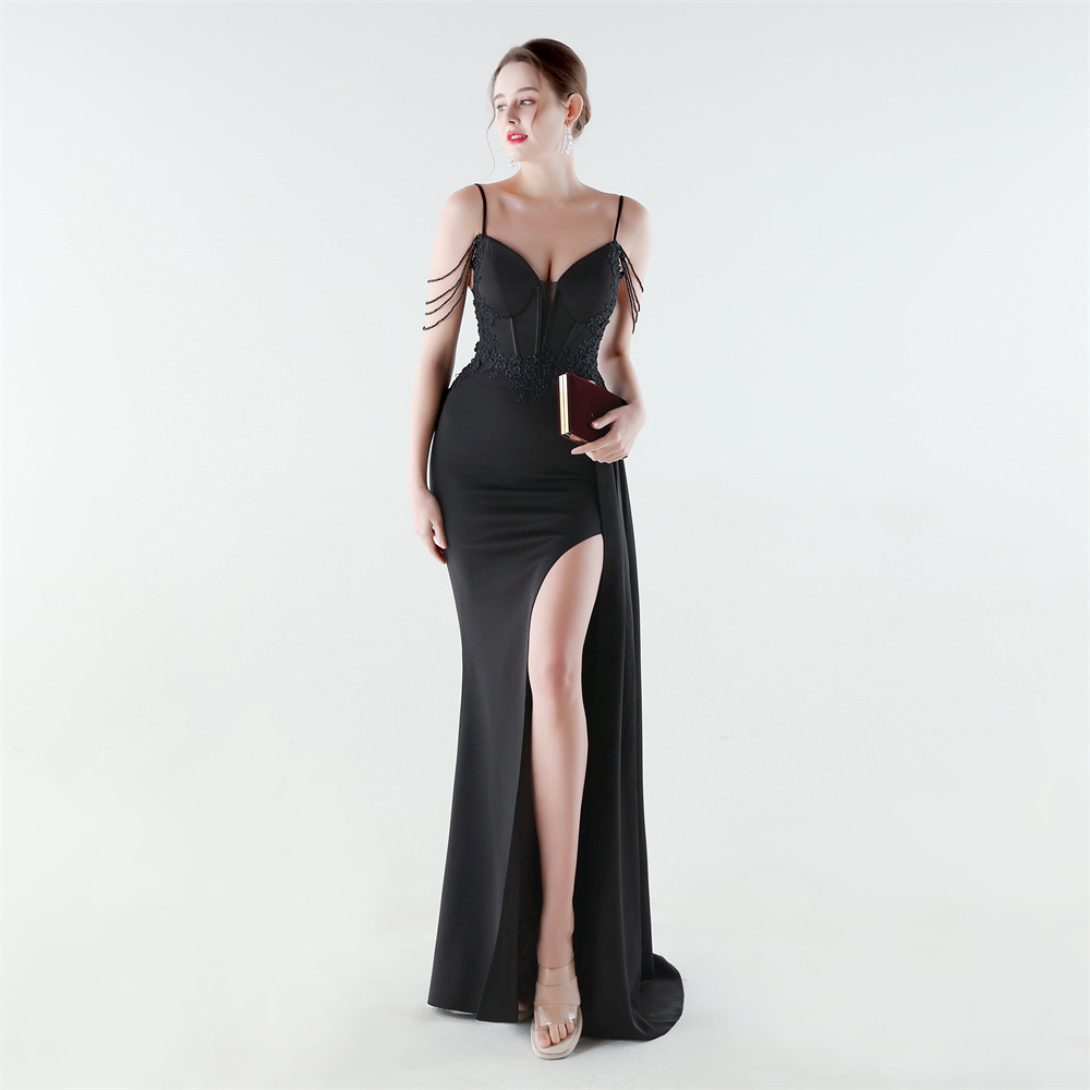 Bandage lace pinched waist rhinestone evening dress