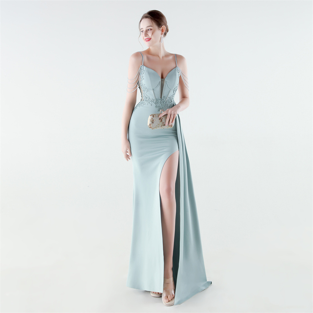 Bandage lace pinched waist rhinestone evening dress