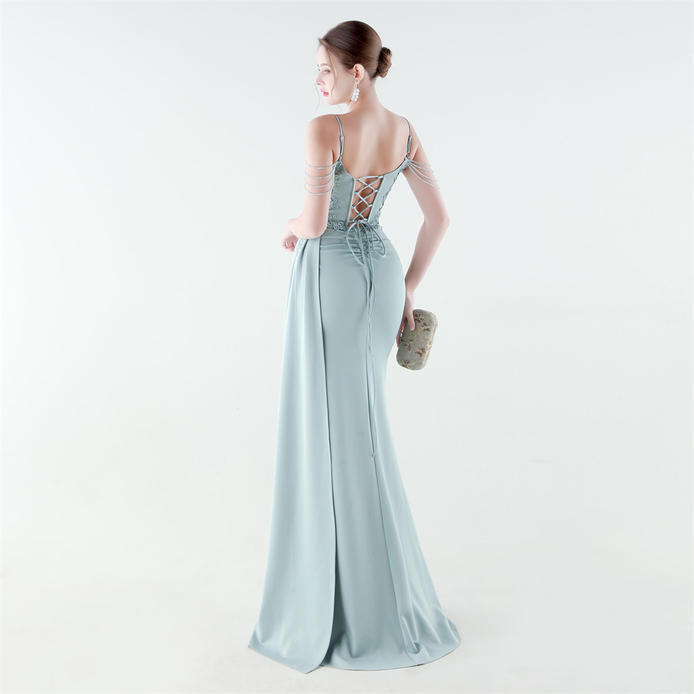 Bandage lace pinched waist rhinestone evening dress