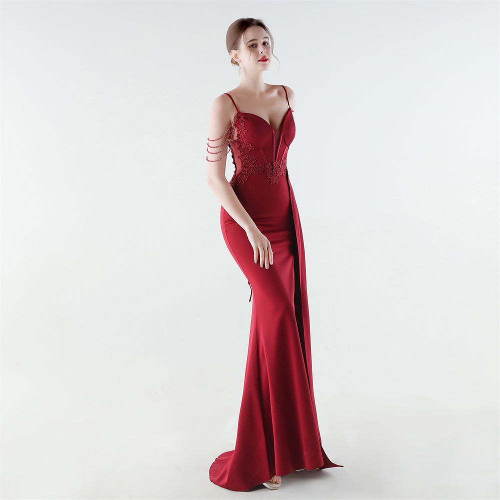 Bandage lace pinched waist rhinestone evening dress