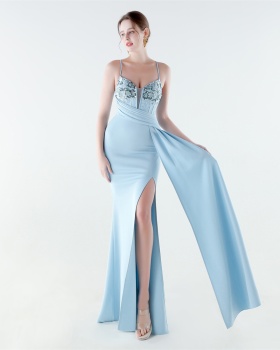 Banquet high split sling pinched waist evening dress