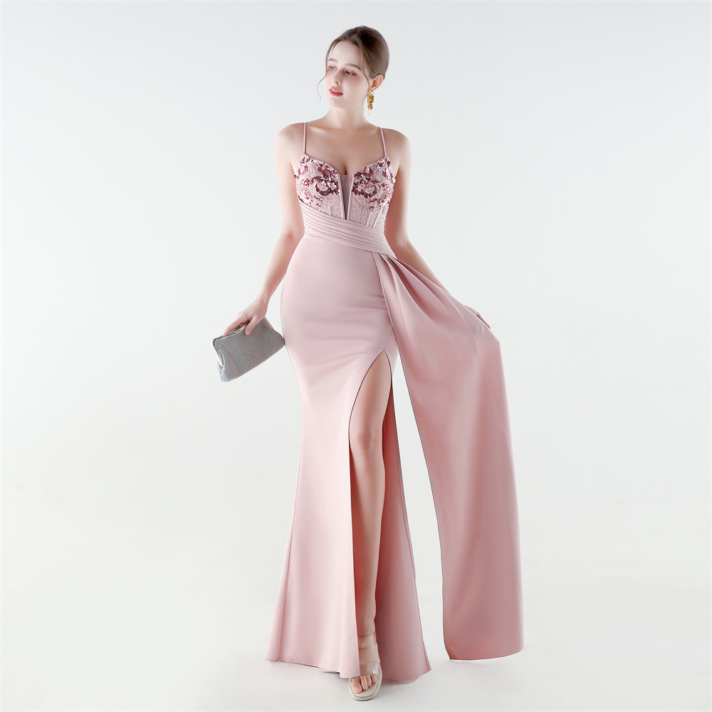 Banquet high split sling pinched waist evening dress