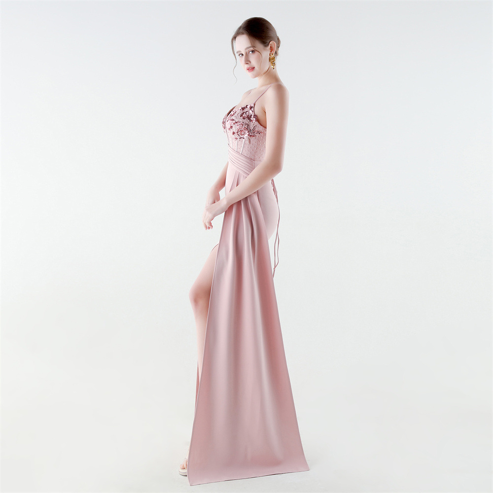 Banquet high split sling pinched waist evening dress