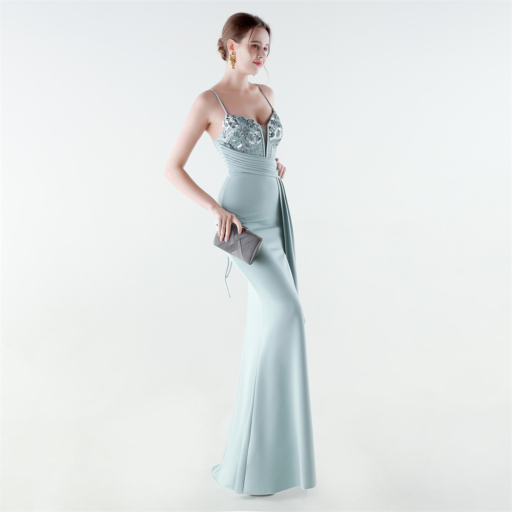 Banquet high split sling pinched waist evening dress