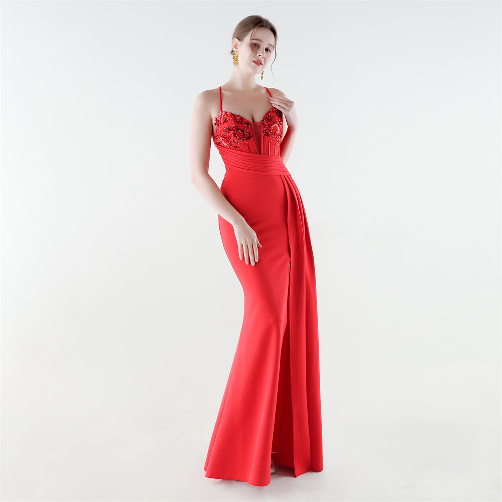Banquet high split sling pinched waist evening dress