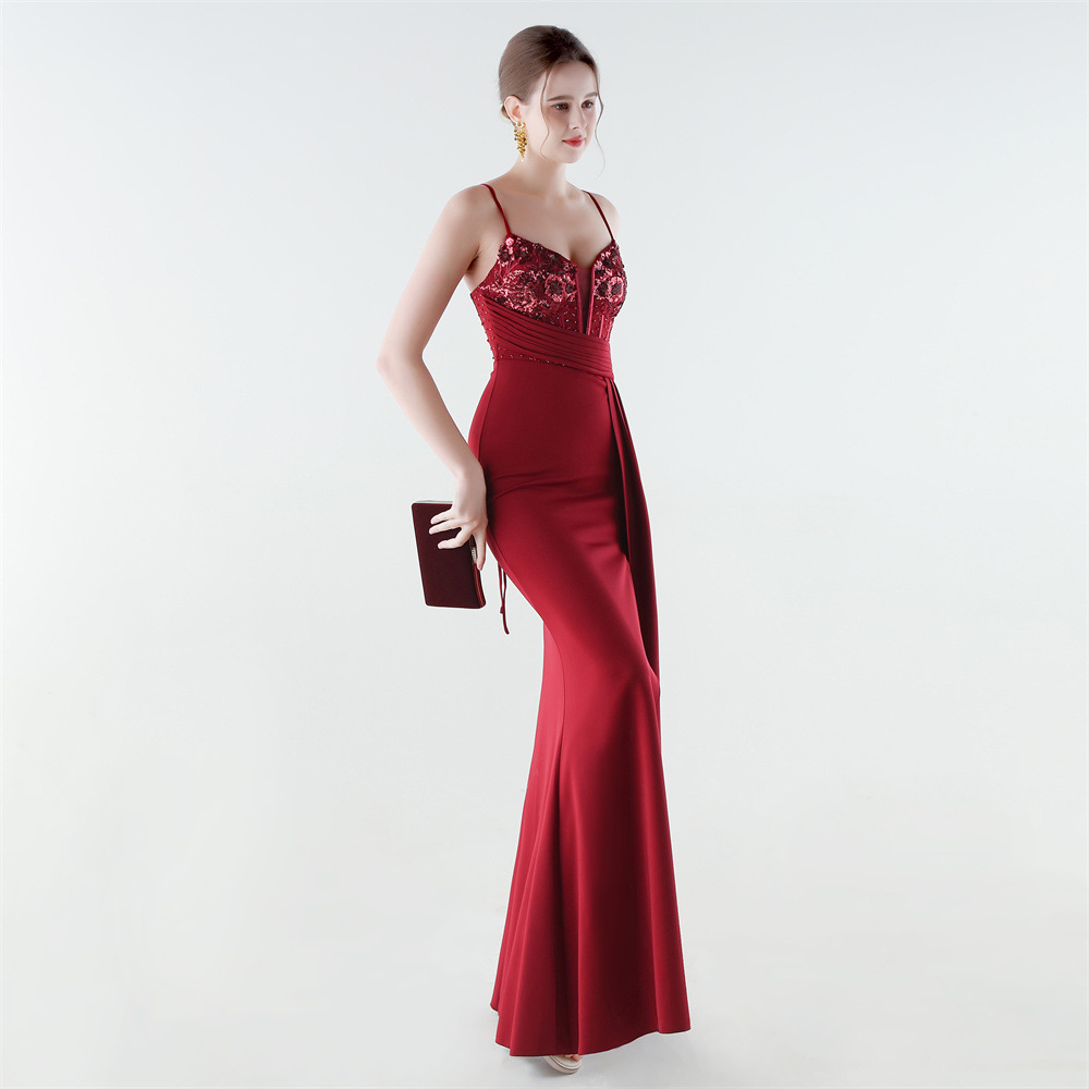Banquet high split sling pinched waist evening dress