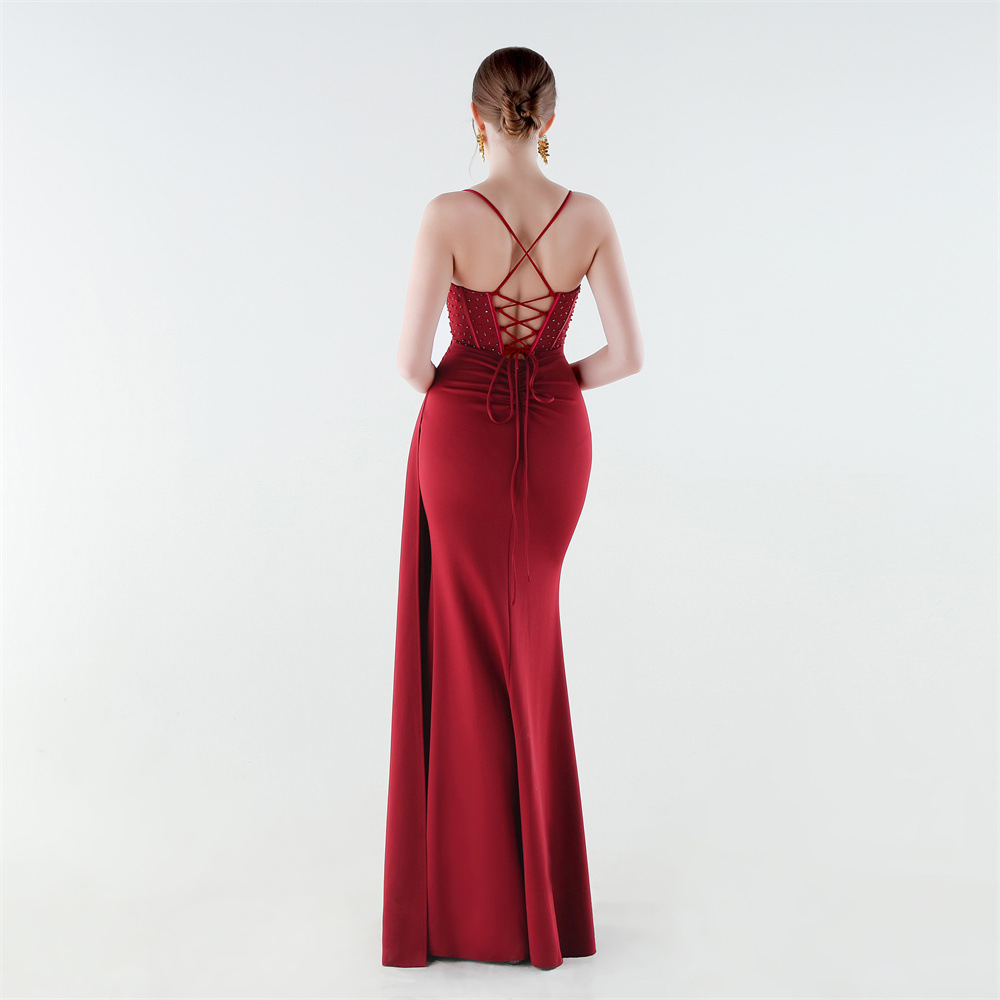 Banquet high split sling pinched waist evening dress