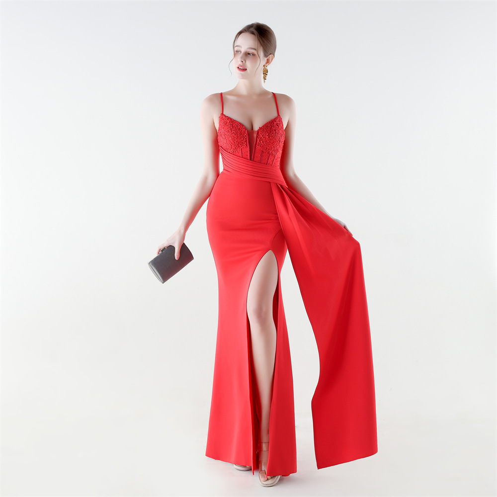 Embroidery elegant high split slim evening dress