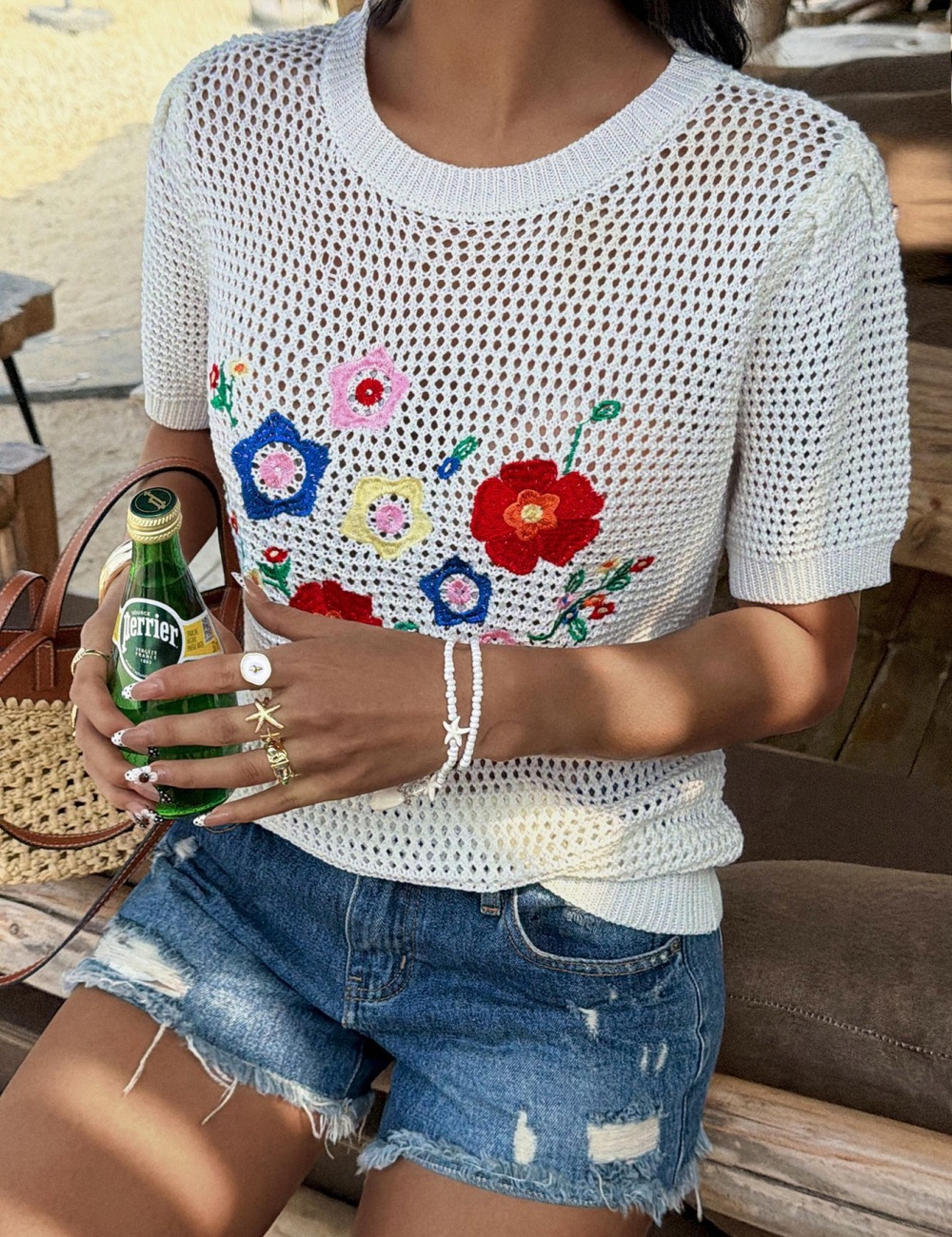 Embroidered vacation T-shirt Casual hollow tops