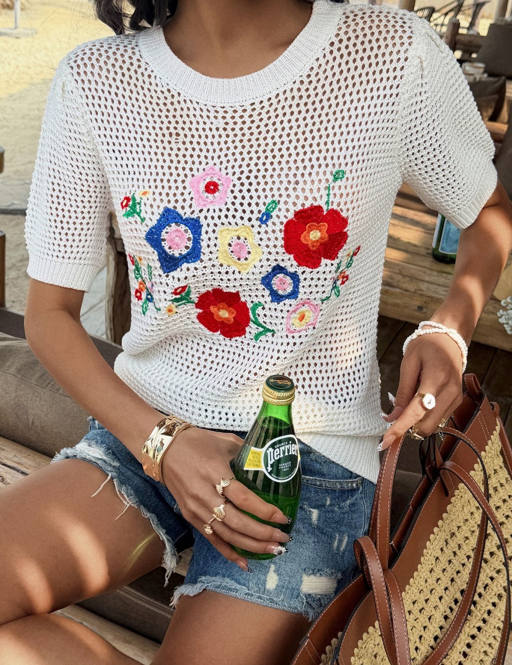 Embroidered vacation T-shirt Casual hollow tops