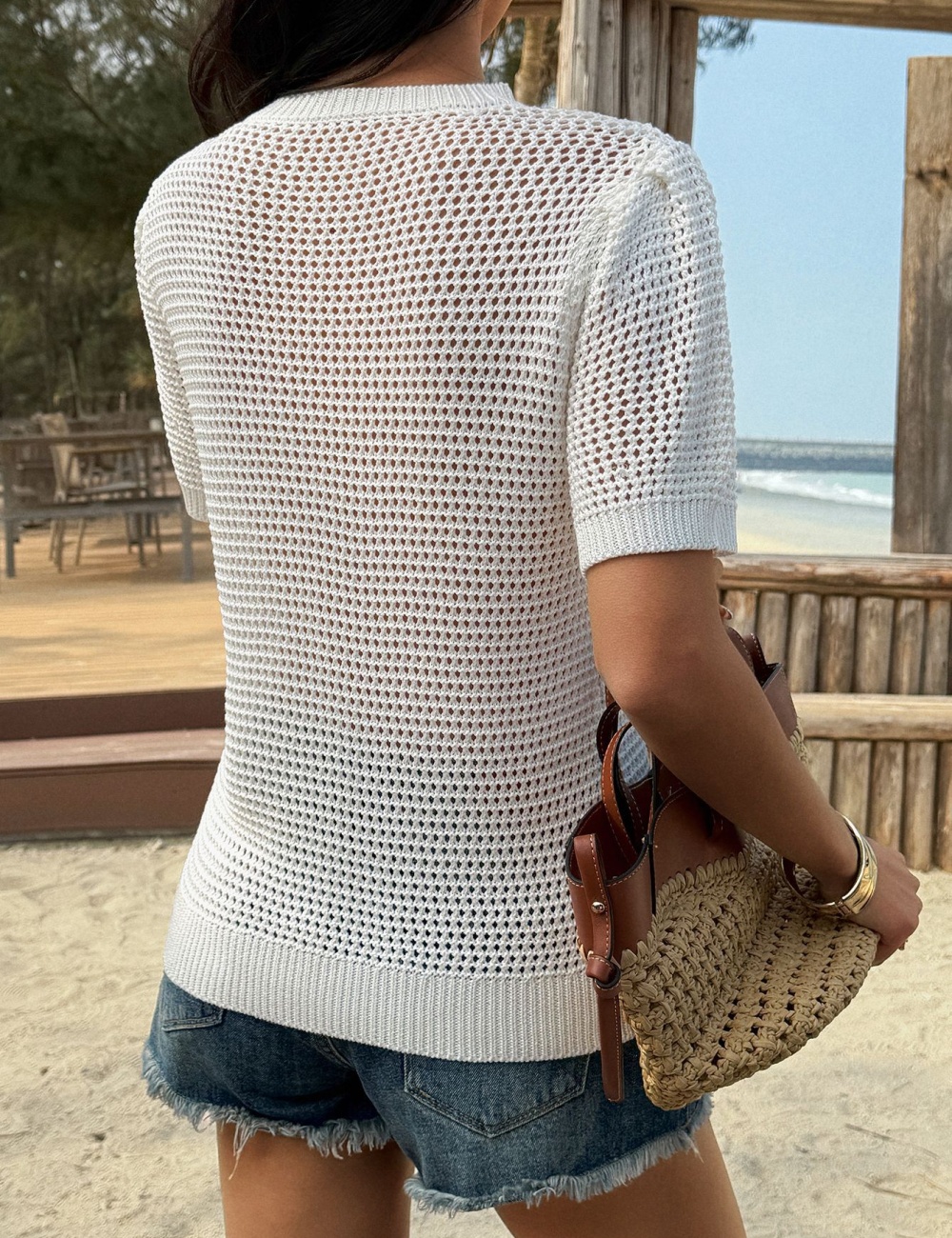 Embroidered vacation T-shirt Casual hollow tops