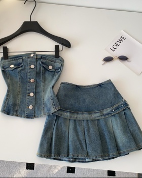 Denim waistcoat wrapped chest skirt 2pcs set for women