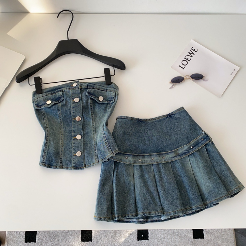 Denim waistcoat wrapped chest skirt 2pcs set for women