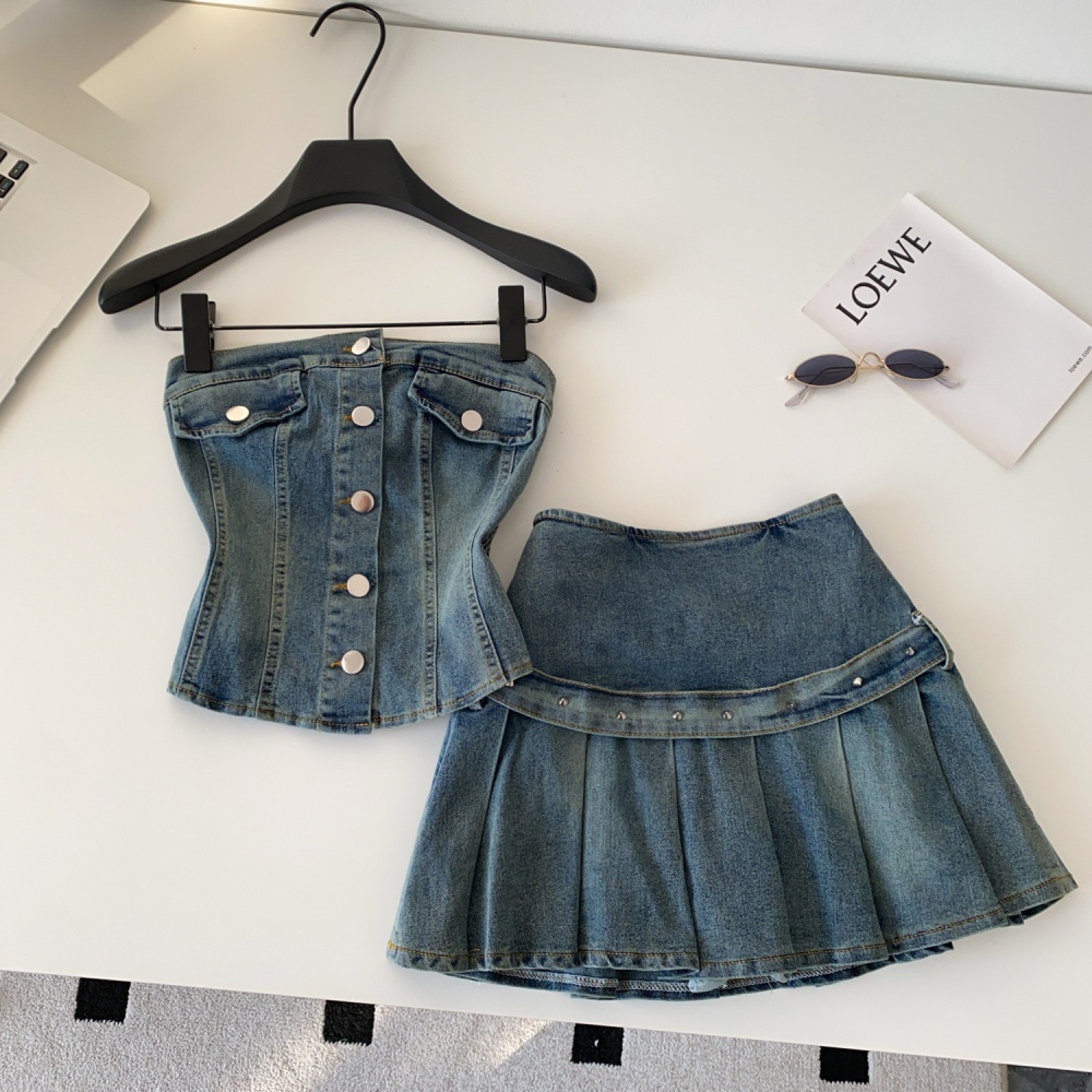Denim waistcoat wrapped chest skirt 2pcs set for women