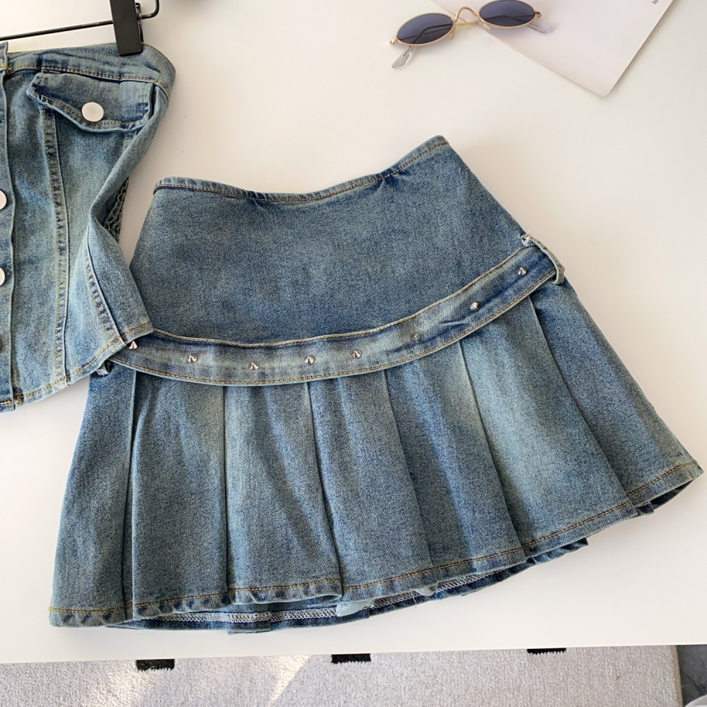 Denim waistcoat wrapped chest skirt 2pcs set for women