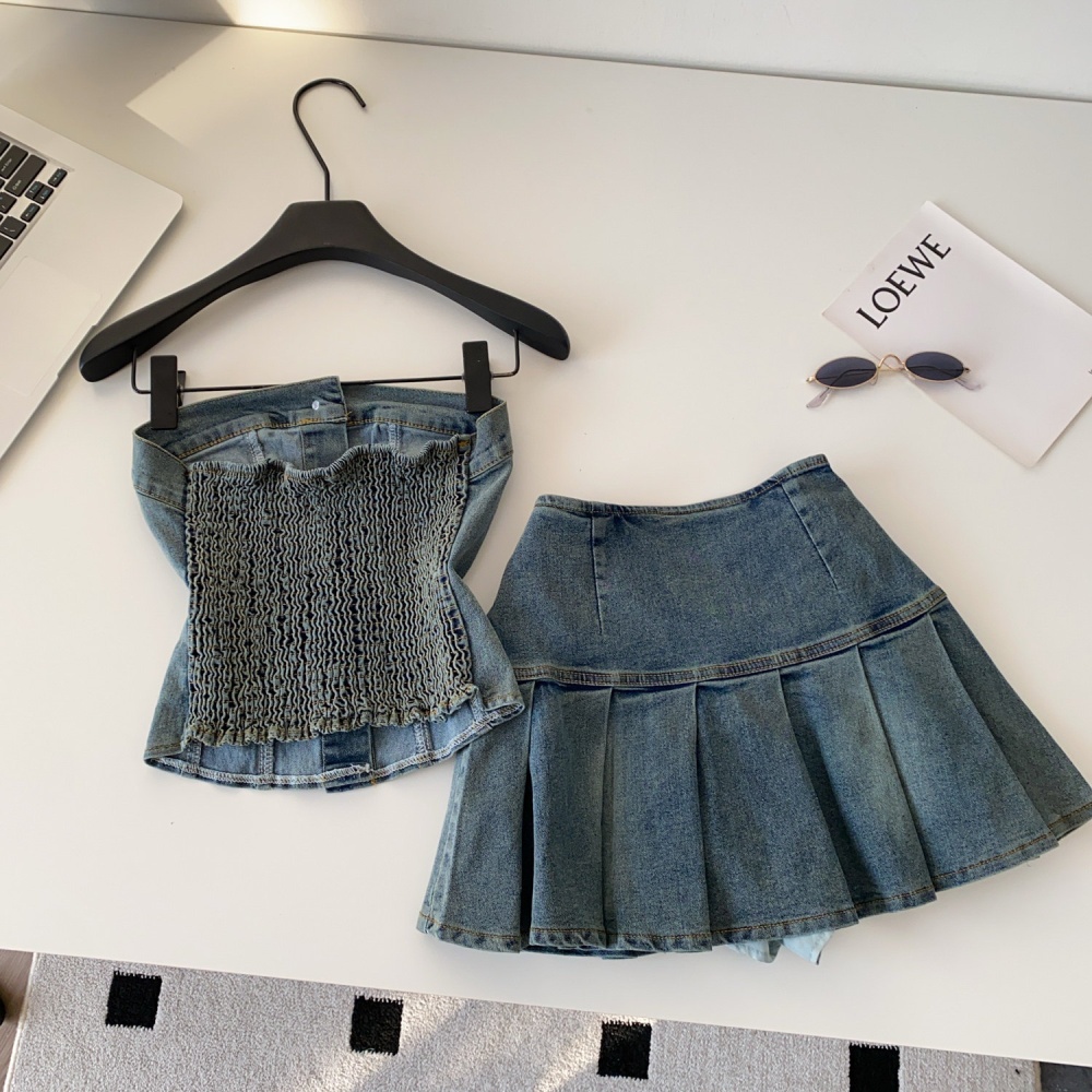 Denim waistcoat wrapped chest skirt 2pcs set for women