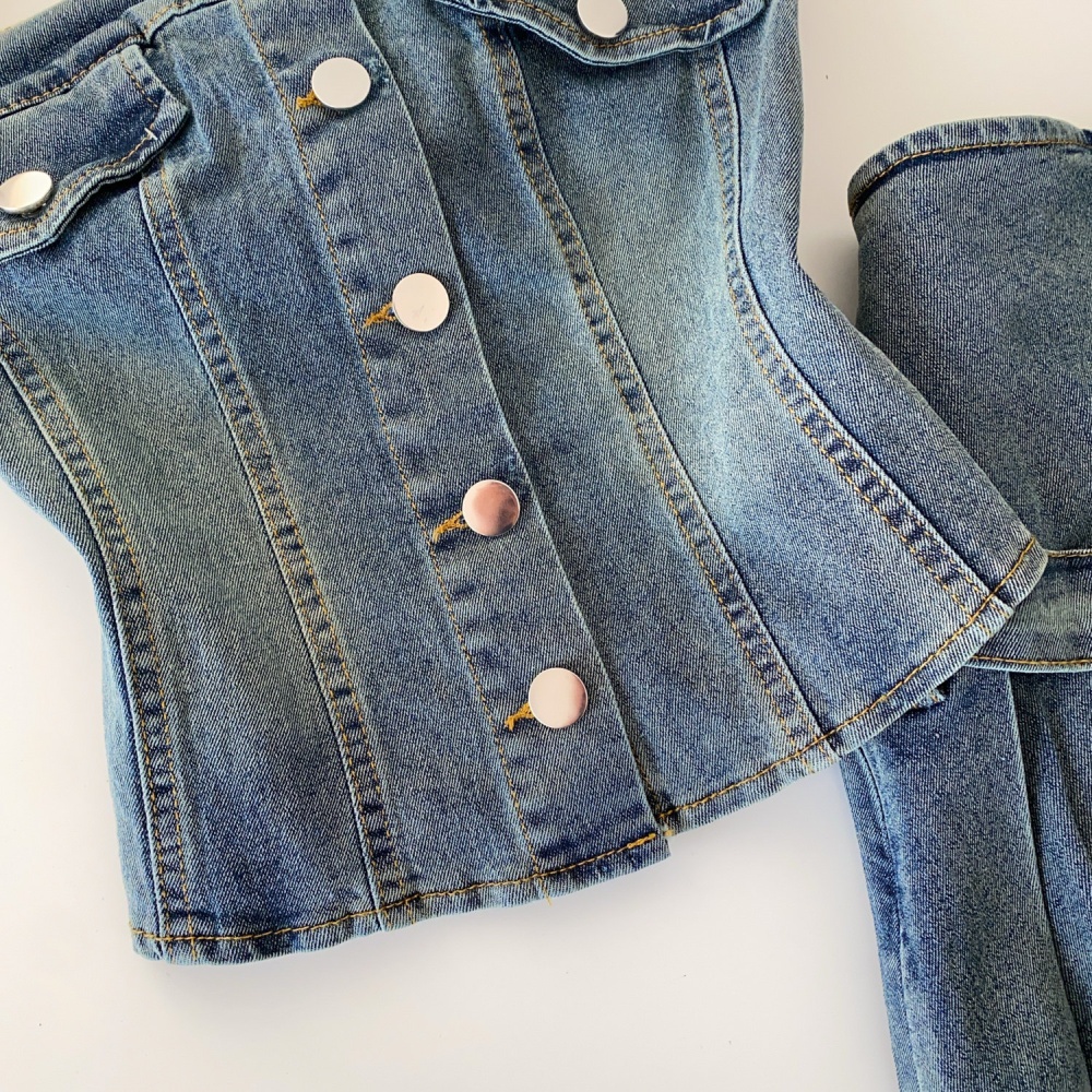 Denim waistcoat wrapped chest skirt 2pcs set for women