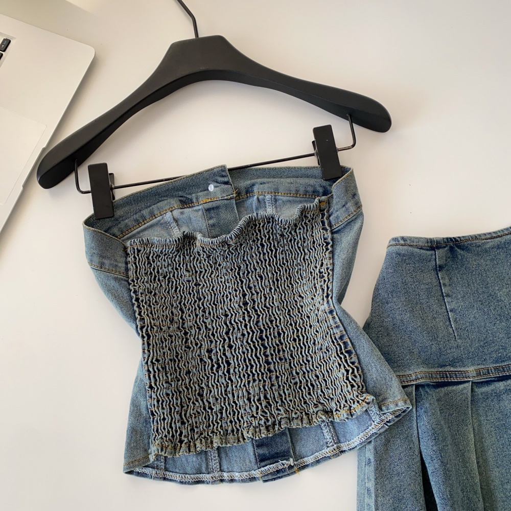 Denim waistcoat wrapped chest skirt 2pcs set for women