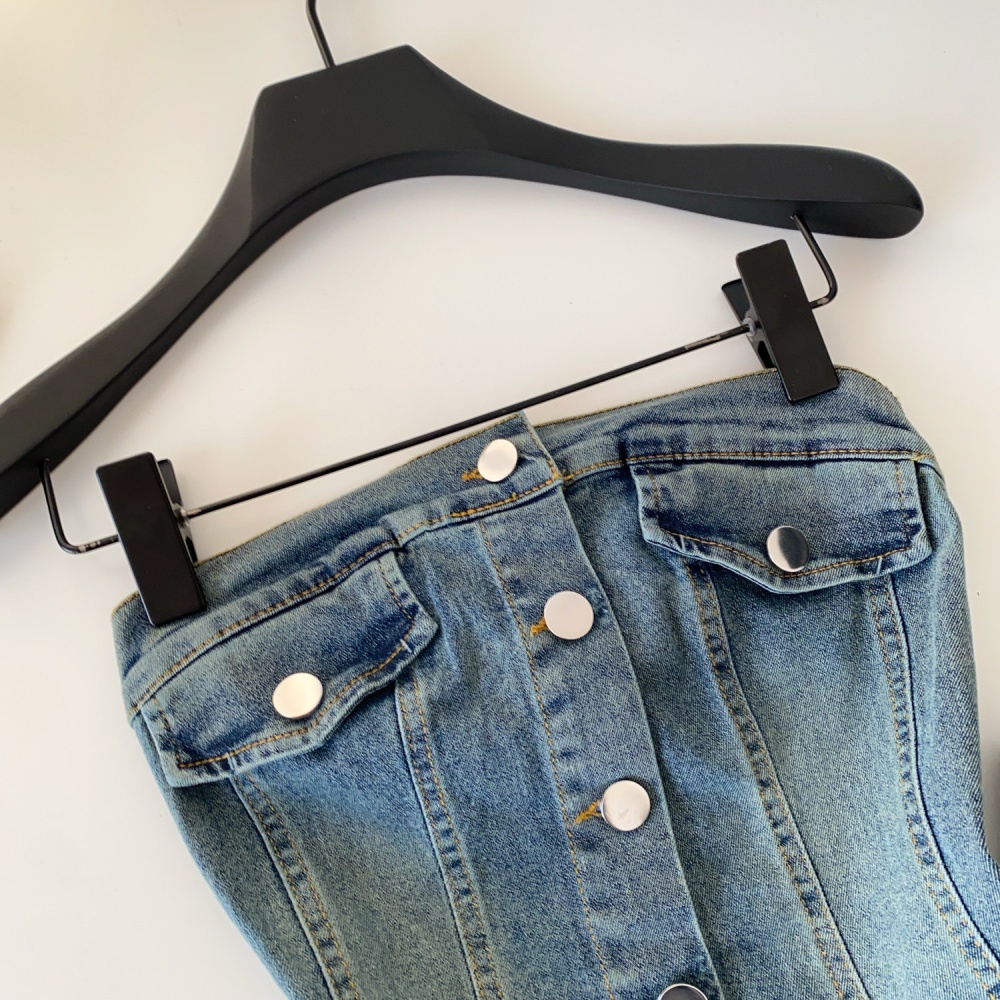 Denim waistcoat wrapped chest skirt 2pcs set for women