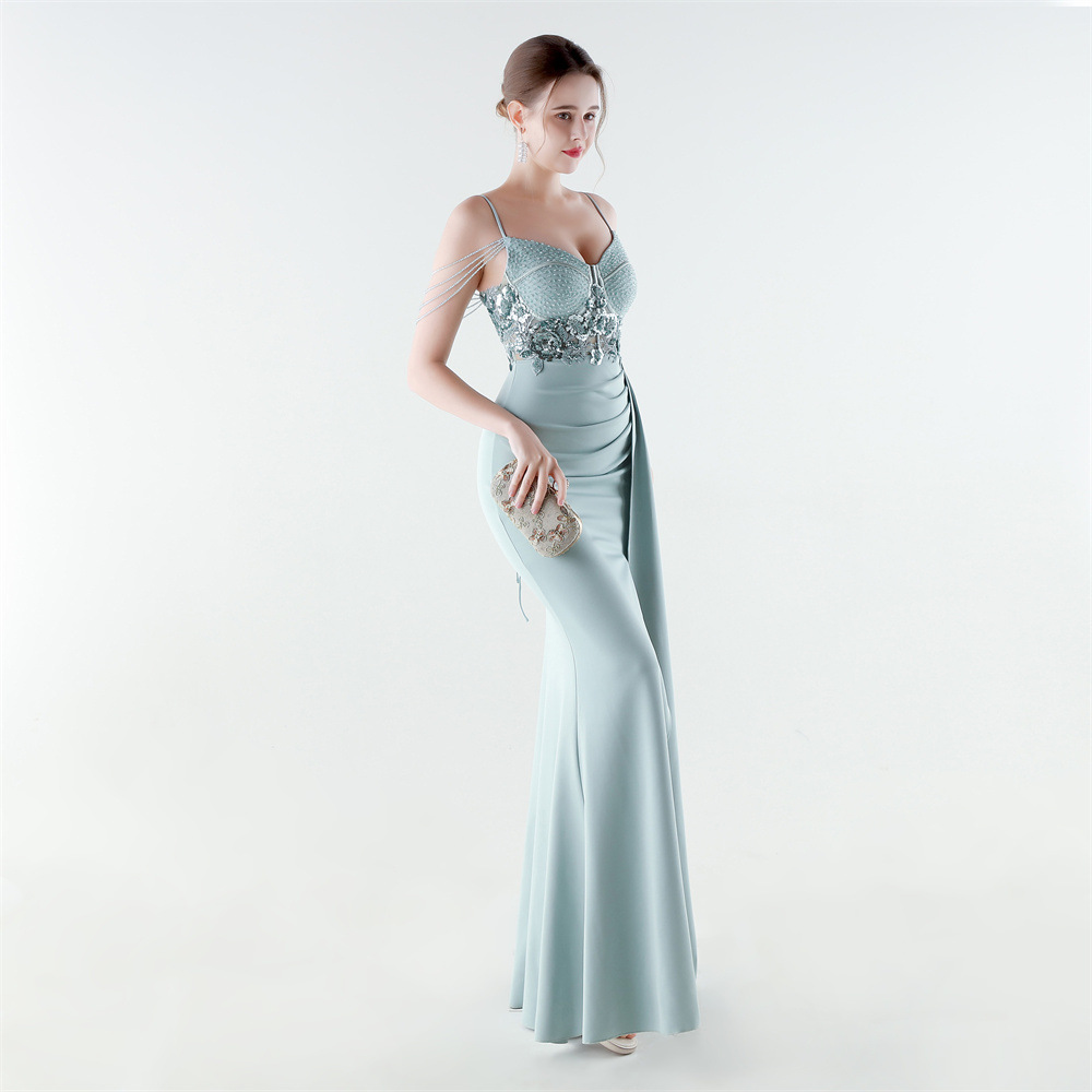 Banquet waist straps slim set beads evening dress