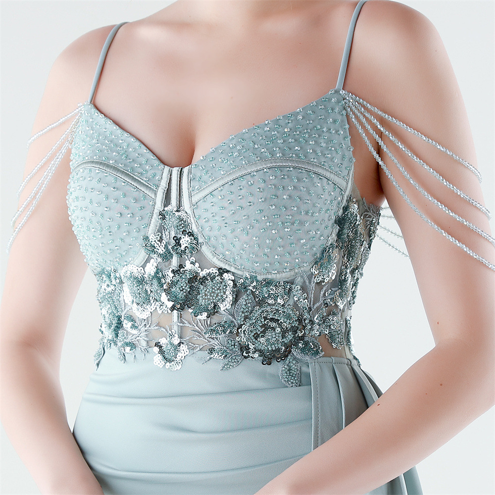 Banquet waist straps slim set beads evening dress