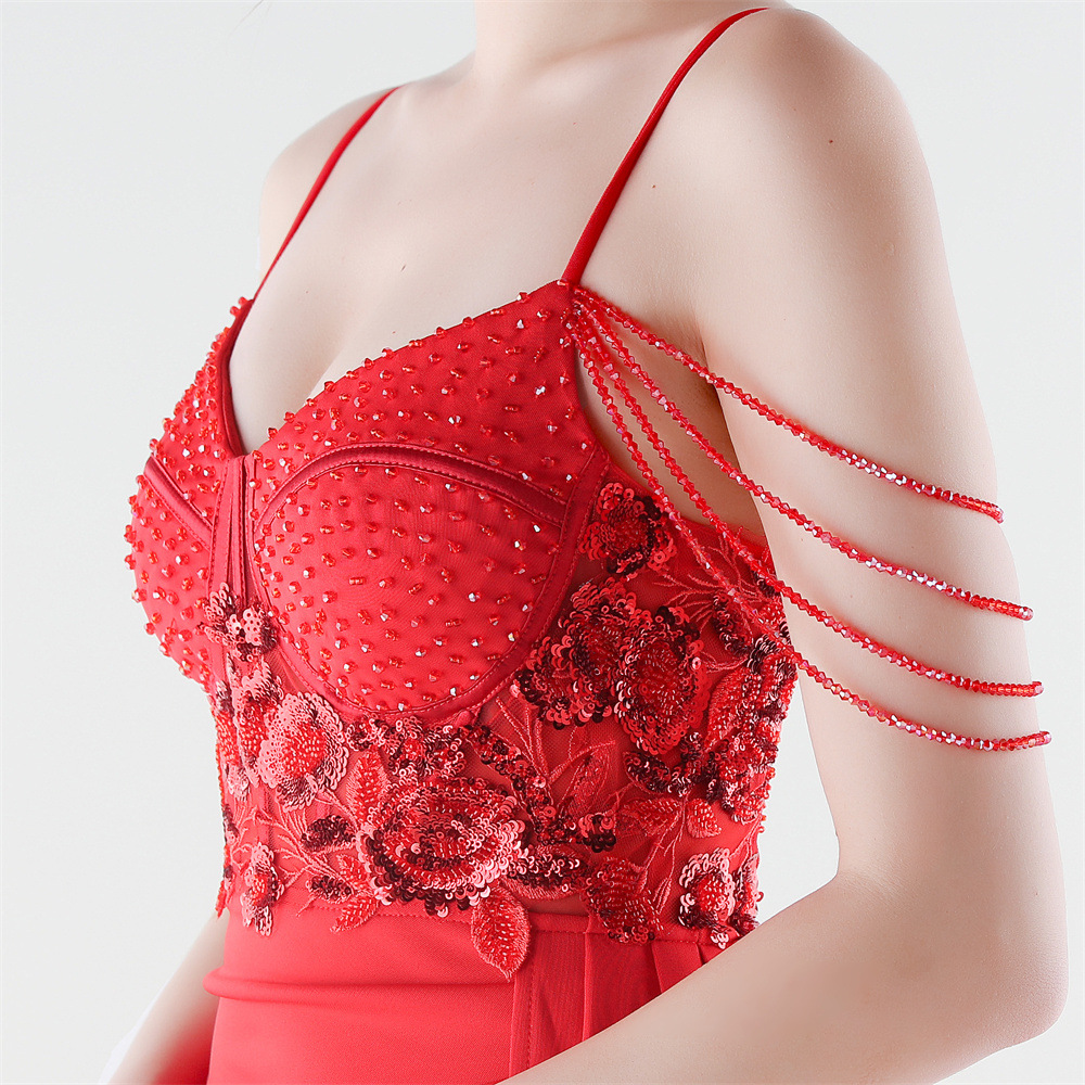 Banquet waist straps slim set beads evening dress