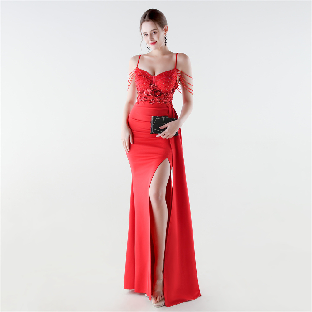Banquet waist straps slim set beads evening dress