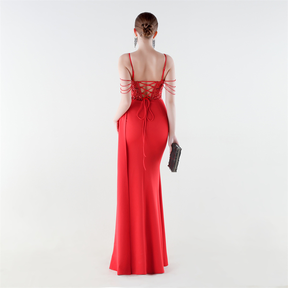 Banquet waist straps slim set beads evening dress